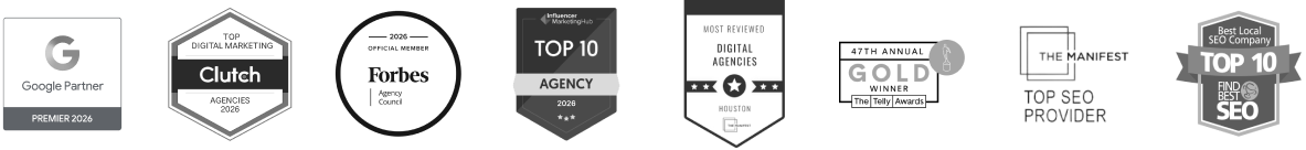 Industry accreditations: Google Partner Premier, Clutch, Forbes Agency Council, Top 10 Agency, Most Reviewed Digital Agencies, Gold Telly Award winner, The Manifest Top SEO Provider, Best Local SEO Top 10