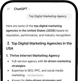 Phone showing Thrive listed first in ChatGPT for 'Top Digital Marketing Agency'