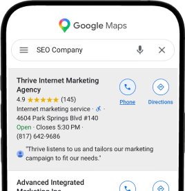 Phone showing Thrive ranked first in Google Maps for 'SEO Company'