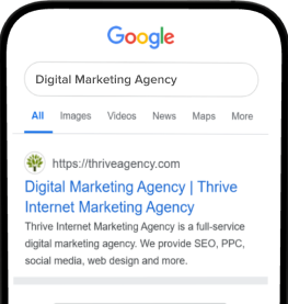Phone showing Thrive ranked first in Google for 'Digital Marketing Agency'
