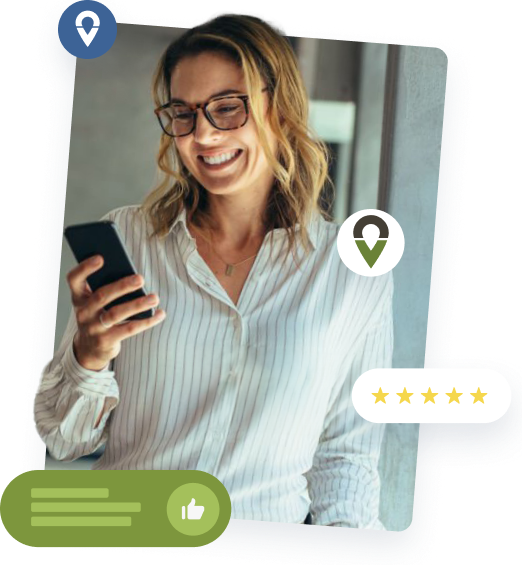 A woman holding a phone with Thrive Local review and listing notifications