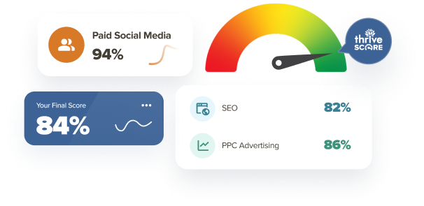 Thrive Score gauge showing 84% final score with paid social, SEO and PPC channel breakdown