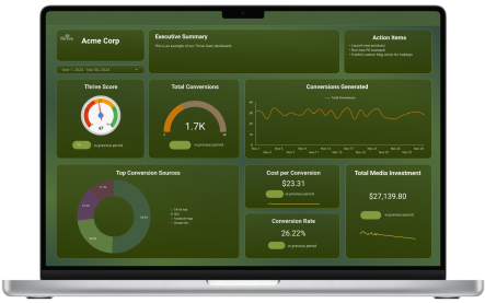 Thrive Stats executive summary dashboard on a laptop